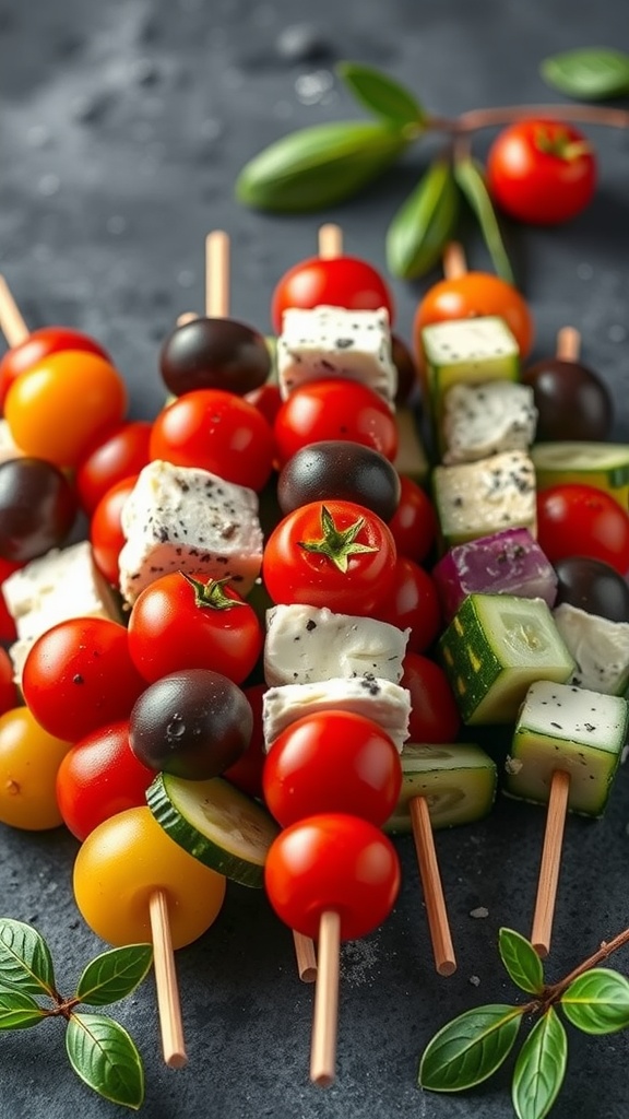 Colorful Greek salad skewers with cherry tomatoes, cucumber, and feta cheese on sticks.