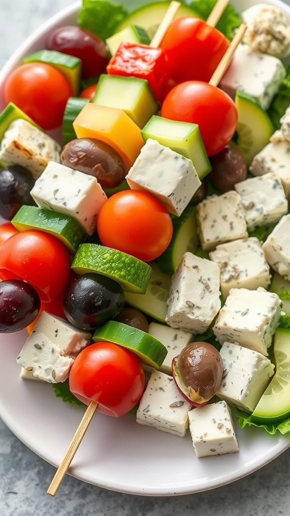 A platter of colorful Greek salad skewers with cherry tomatoes, cucumbers, olives, and feta cheese.