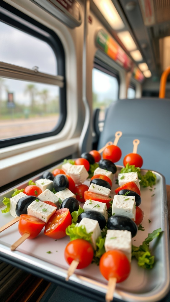 A tray of Greek salad skewers with tomatoes, olives, feta cheese, and lettuce on a train