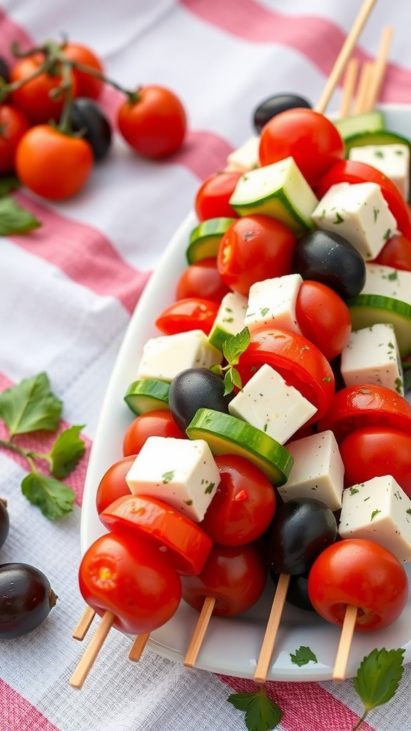 A plate of Greek salad skewers with cherry tomatoes, cucumbers, feta cheese, and olives.