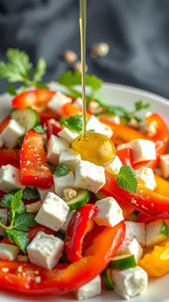 A vibrant Greek salad featuring cucumber, bell peppers, feta cheese, and olive oil.