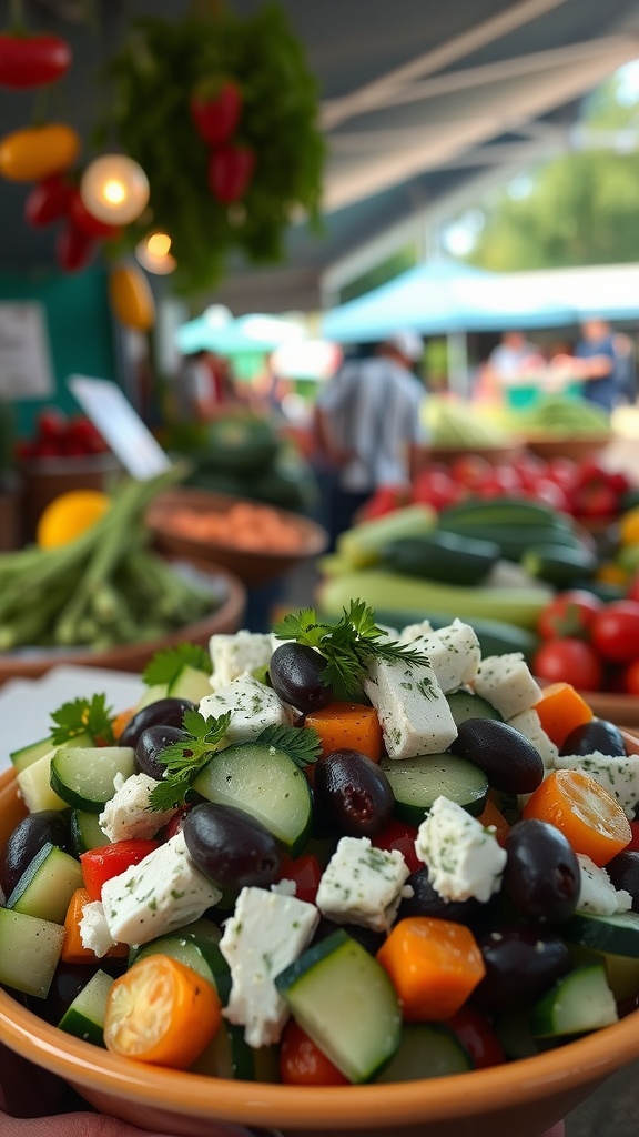 A vibrant Greek salad featuring cucumbers, olives, and feta cheese, displayed at a farmers market.