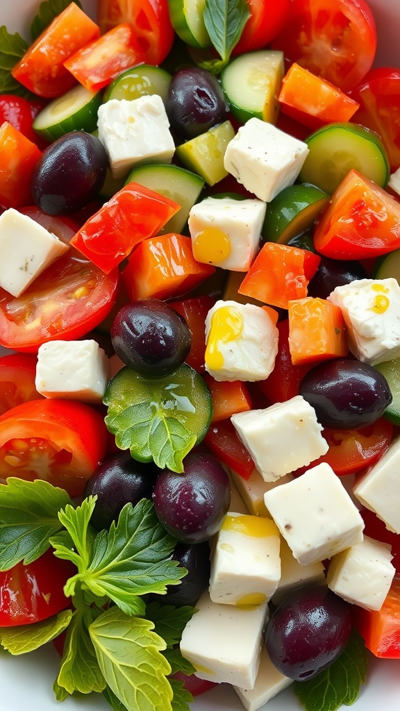 A colorful Greek salad with tomatoes, cucumbers, olives, and feta cheese.