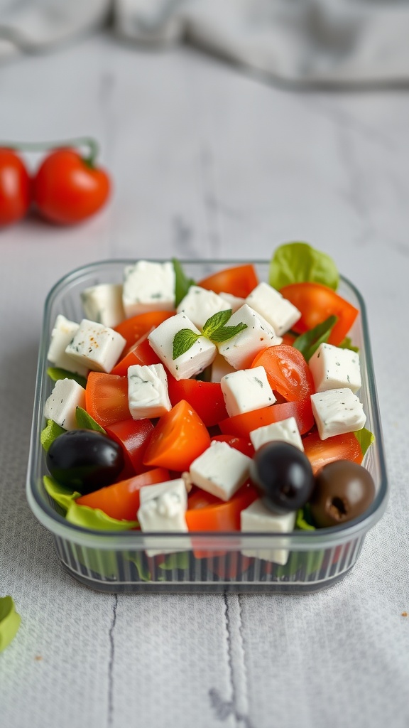 A colorful Greek salad featuring tomatoes, feta cheese, olives, and lettuce in a clear container.