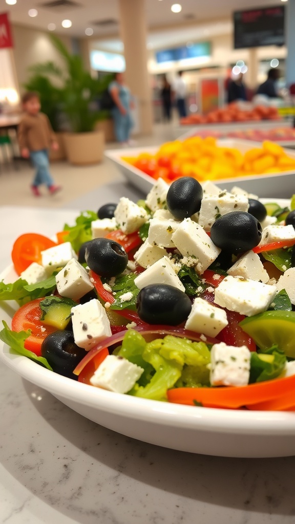 A colorful Greek salad with feta cheese, olives, and fresh vegetables in a food court setting.