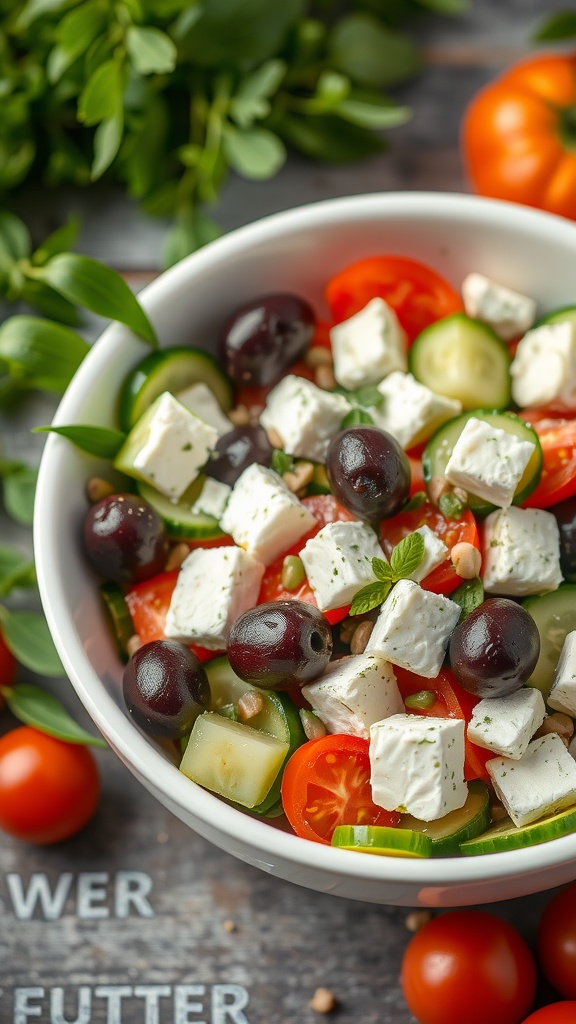 A Greek salad with feta and olives in a pink cooler.