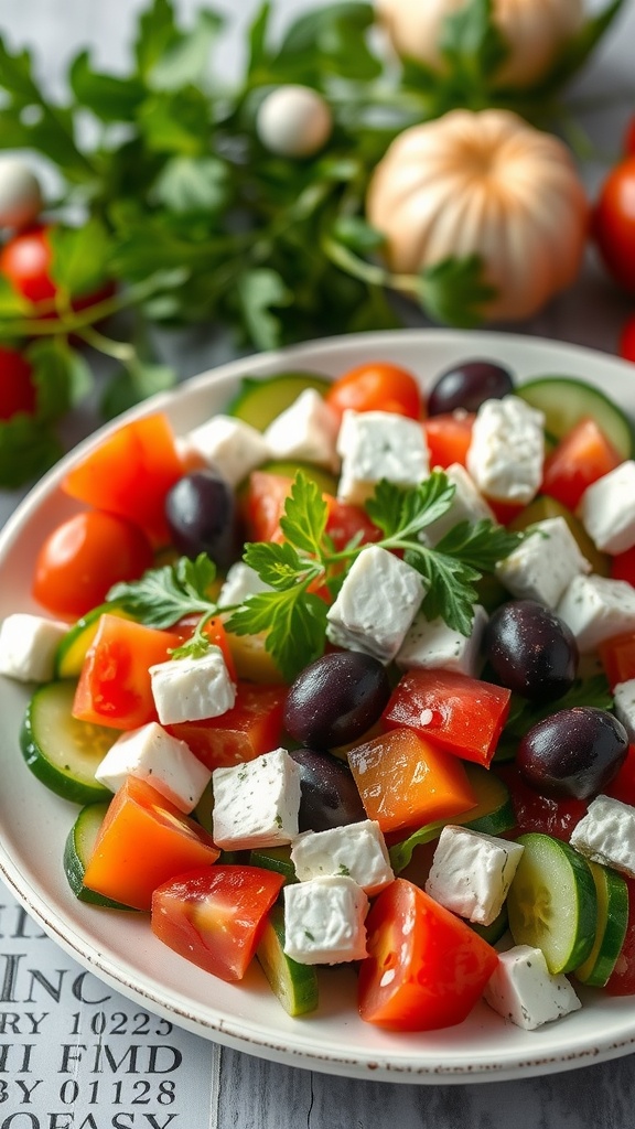 A vibrant Greek salad with feta cheese, olives, and fresh vegetables