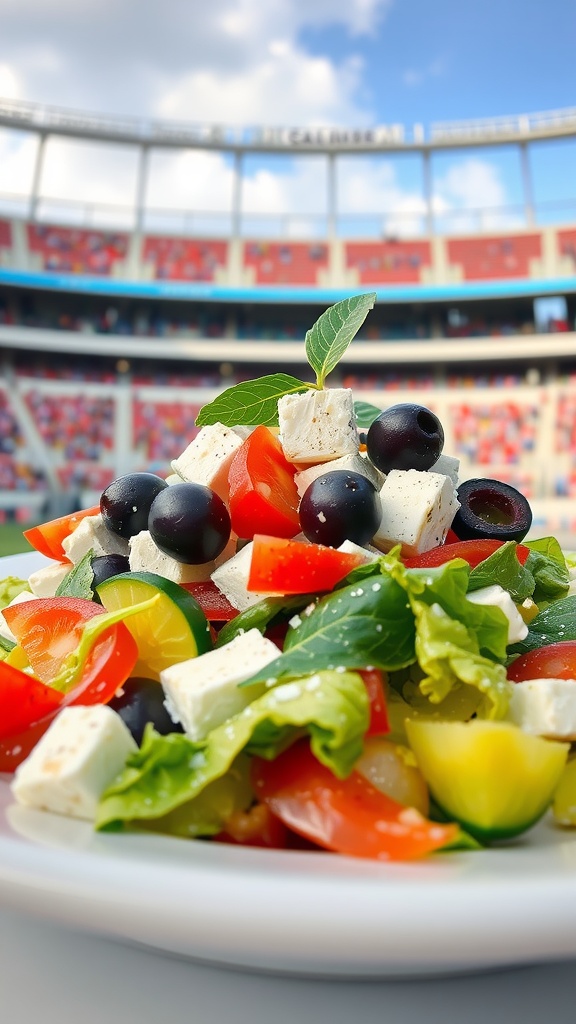 A colorful Greek salad with feta cheese and olives, set against a sports stadium backdrop.