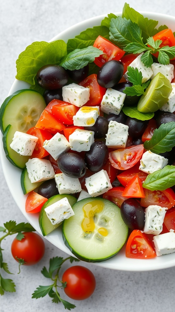 A vibrant Greek salad featuring tomatoes, cucumbers, feta cheese, and olives.