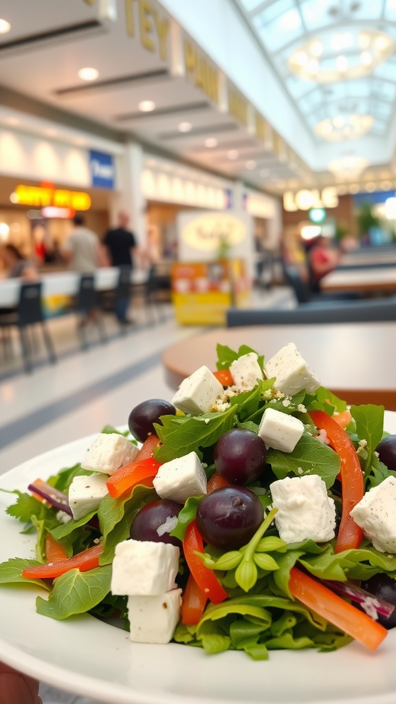 A Greek salad with feta cheese, greens, and grapes in a food court setting.