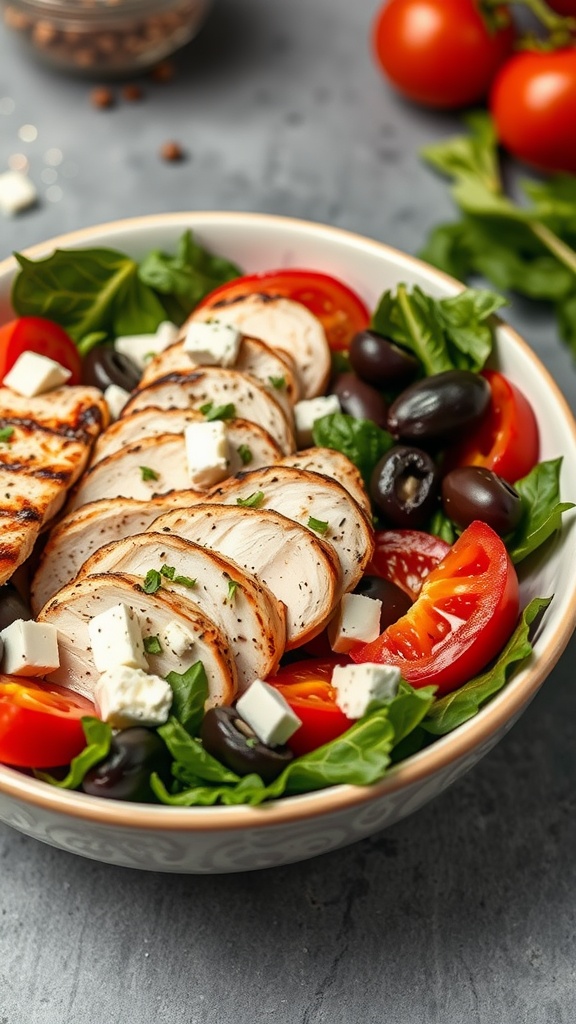 A bowl of Greek salad featuring sliced grilled chicken, tomatoes, olives, and feta cheese on a bed of greens.