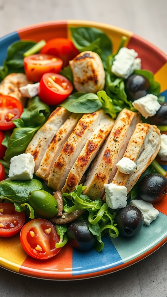 A vibrant Greek salad featuring grilled chicken, fresh vegetables, olives, and feta cheese on a colorful plate.