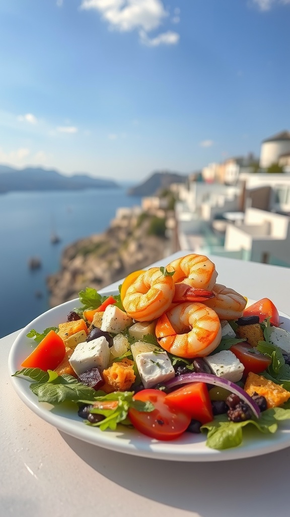 A vibrant Greek salad with grilled shrimp, featuring tomatoes, feta cheese, and fresh greens, overlooking a scenic view.