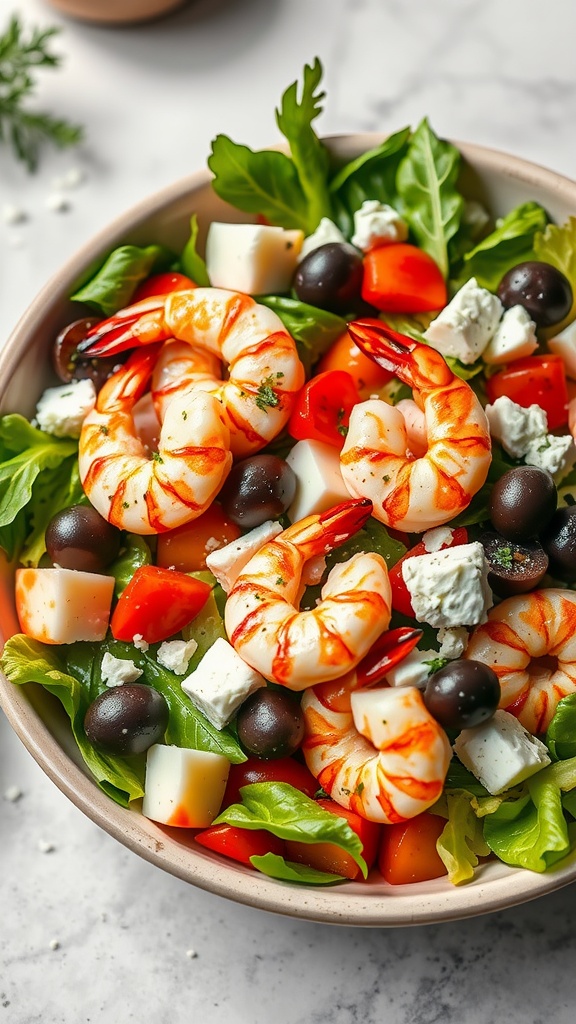 A vibrant Greek salad topped with grilled shrimp, olives, tomatoes, and feta cheese.