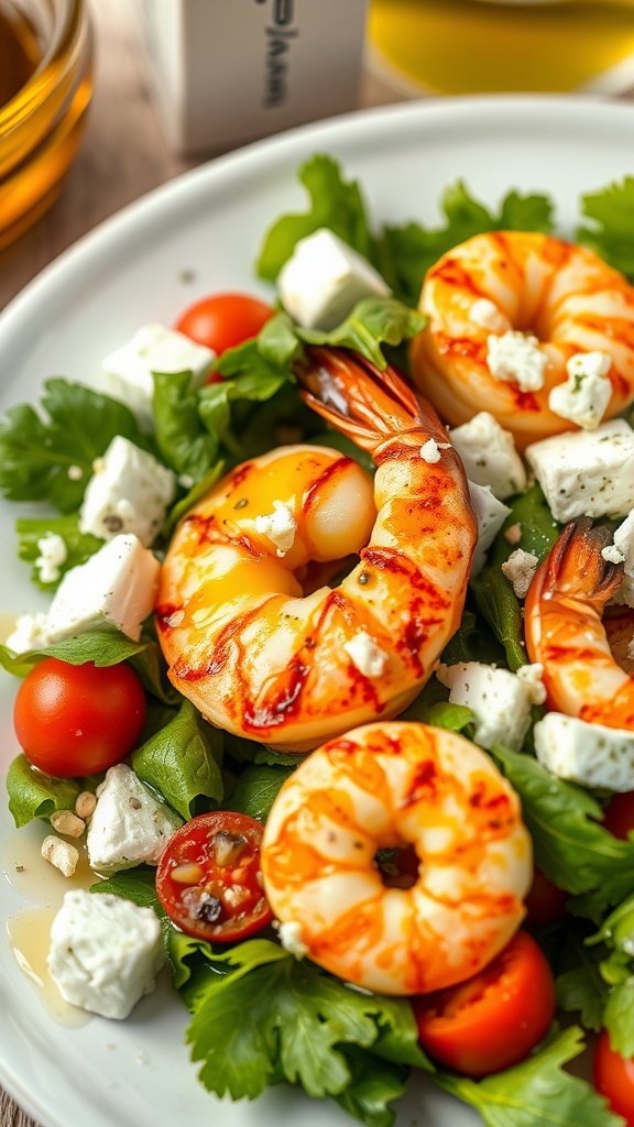 A close-up of a Greek salad topped with grilled shrimp, cherry tomatoes, feta cheese, and greens.