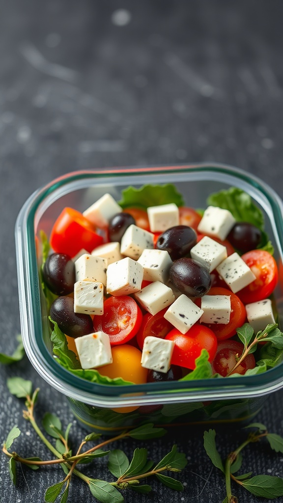 A fresh Greek salad with olives and feta cheese served in a glass container.