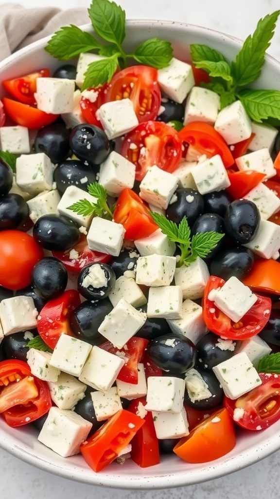 A vibrant Greek salad with olives, feta cheese, cherry tomatoes, and fresh herbs.