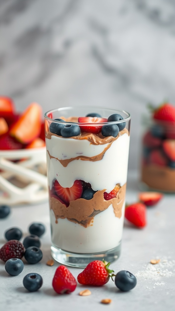 A delicious parfait made with Greek yogurt, nut butter, and layers of strawberries and blueberries.