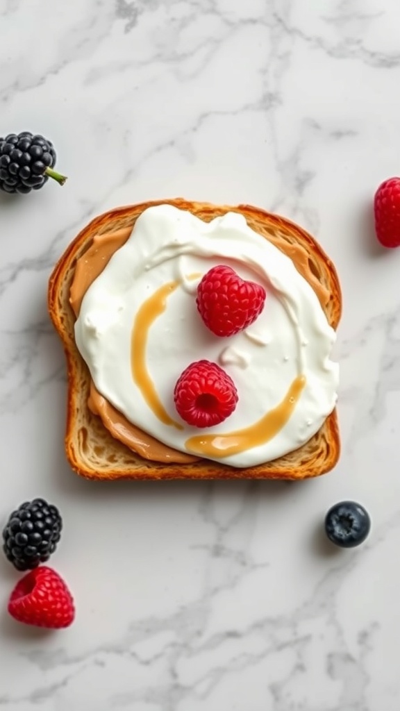 A slice of toast topped with nut butter, Greek yogurt, and fresh raspberries.