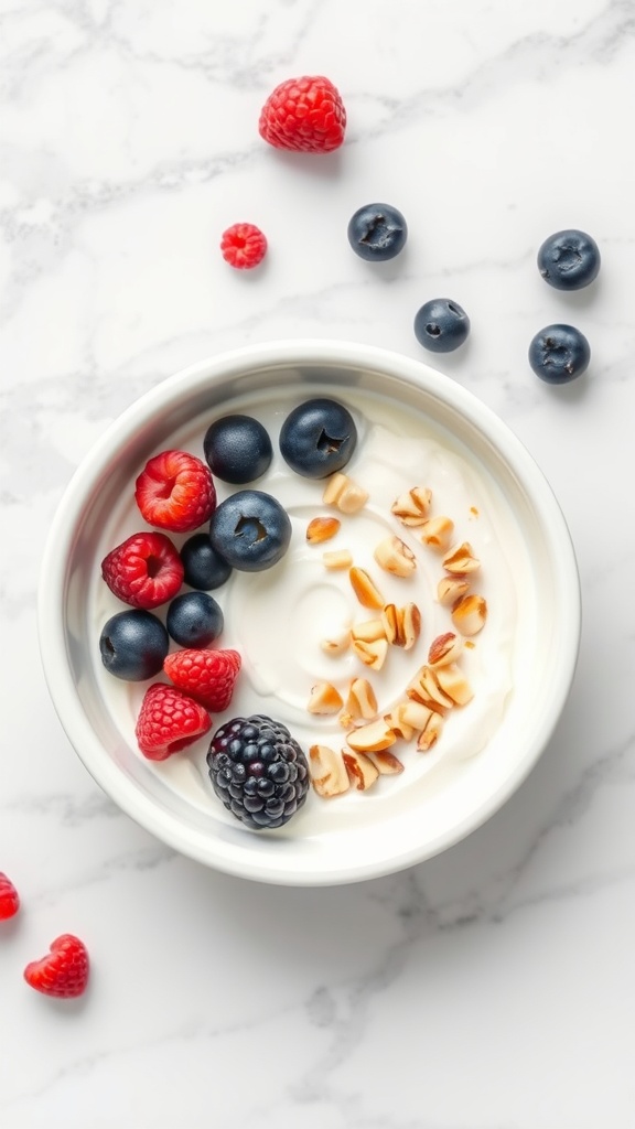 A bowl of Greek yogurt topped with berries and nuts on a marble surface.