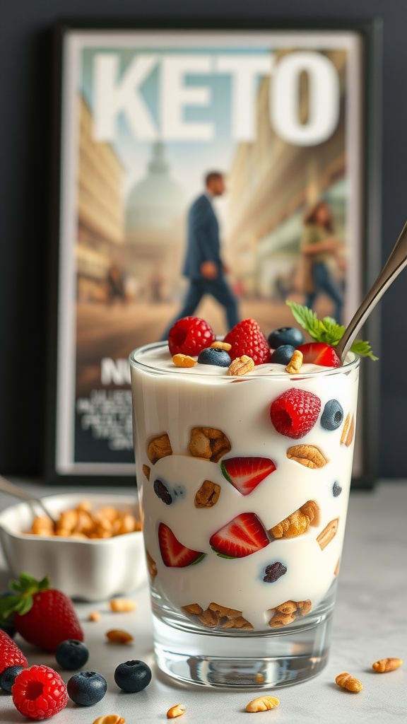 A delicious Greek yogurt parfait topped with berries and granola, with a keto-themed magazine in the background.