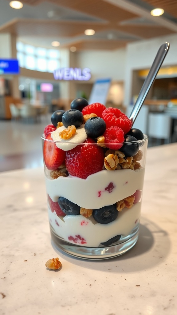 A delicious Greek yogurt parfait layered with berries and granola in a glass.