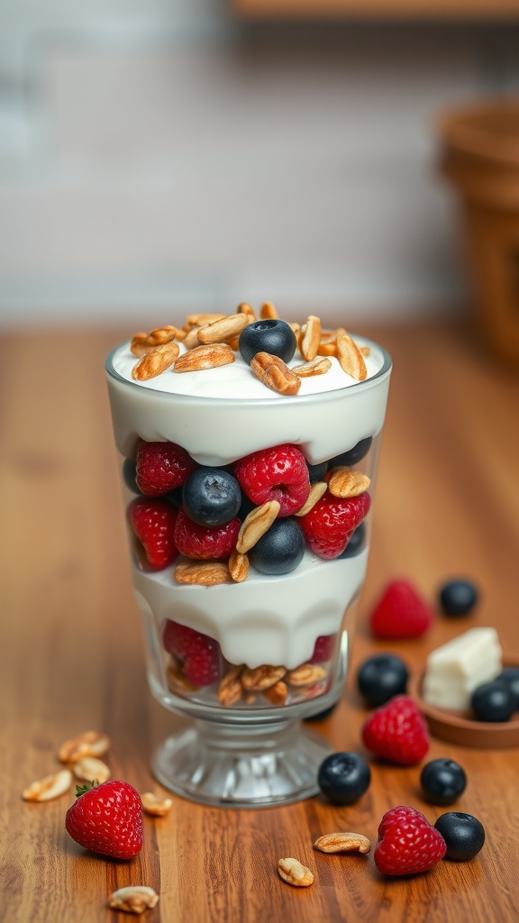 A delicious Greek yogurt parfait with layers of yogurt, raspberries, blueberries, and nuts.