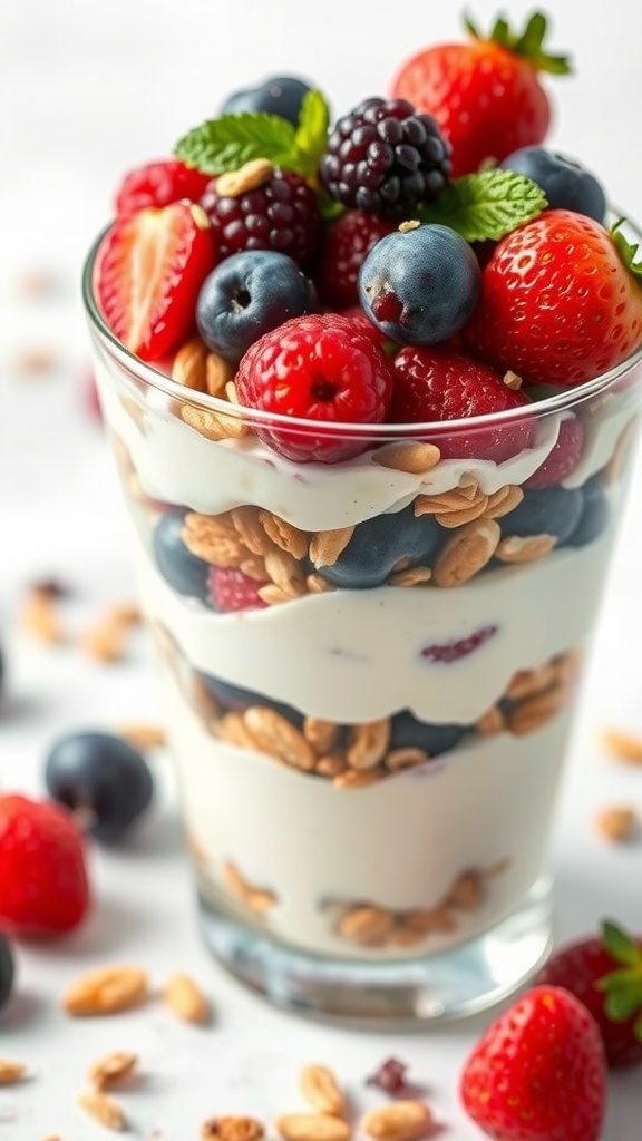 A delicious Greek yogurt parfait layered with nuts and fresh berries.