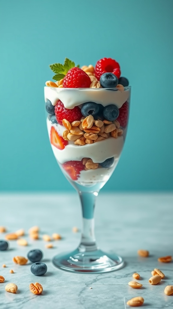 A delicious Greek yogurt parfait layered with fresh berries, nuts, and yogurt in a glass.