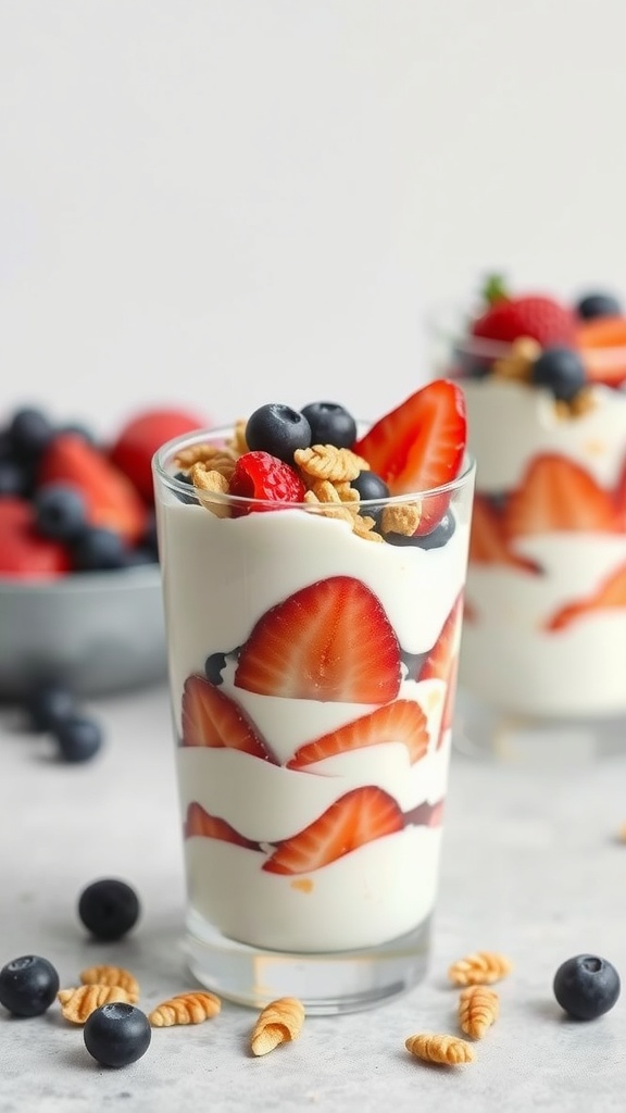 A glass of Greek yogurt parfait layered with strawberries and blueberries, topped with nuts.