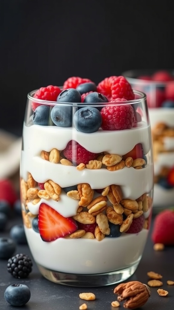 A Greek yogurt parfait layered with nuts and fresh berries in a glass.