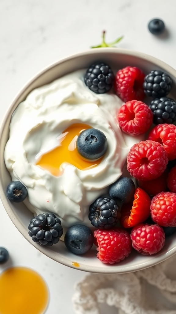 Bowl of Greek yogurt topped with fresh berries, including raspberries and blueberries.