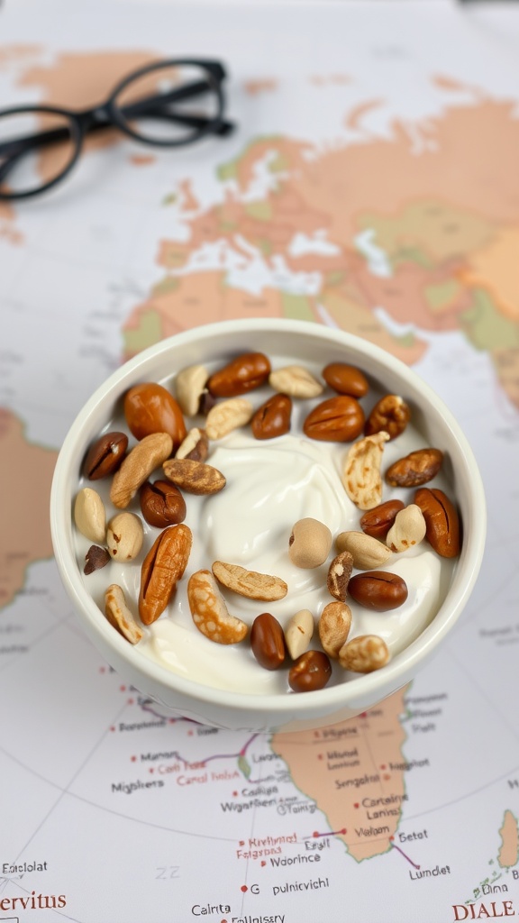 A bowl of Greek yogurt topped with various nuts, placed on a map.