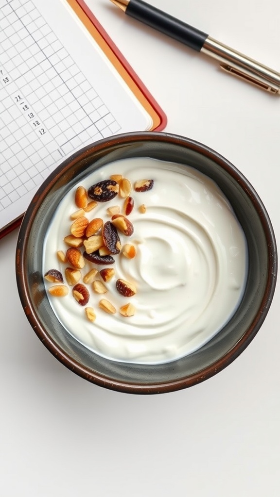 A bowl of Greek yogurt topped with various nuts, placed next to a notebook and pen.