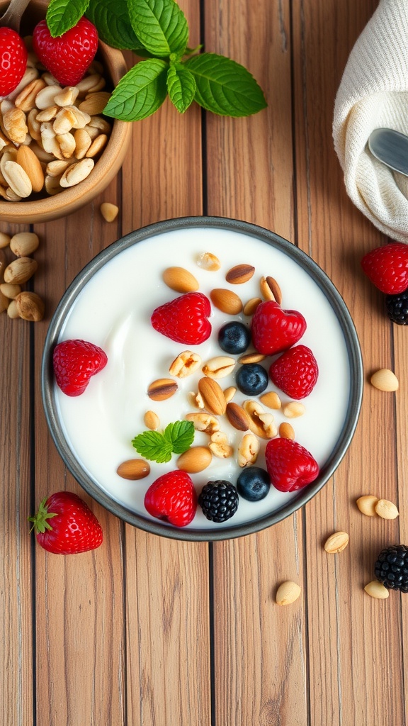 A bowl of Greek yogurt topped with nuts, strawberries, blueberries, and blackberries, with a sprig of mint.