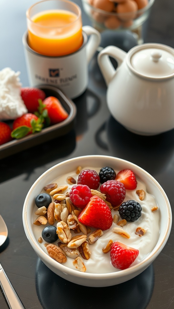 A bowl of Greek yogurt topped with nuts and fresh berries.