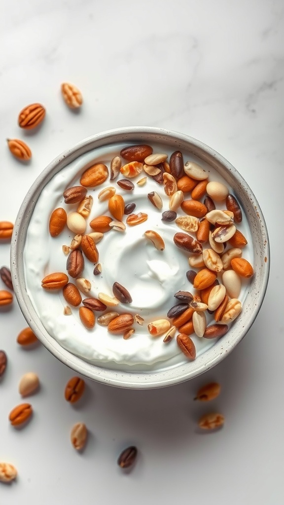 A bowl of Greek yogurt topped with an assortment of nuts and seeds.