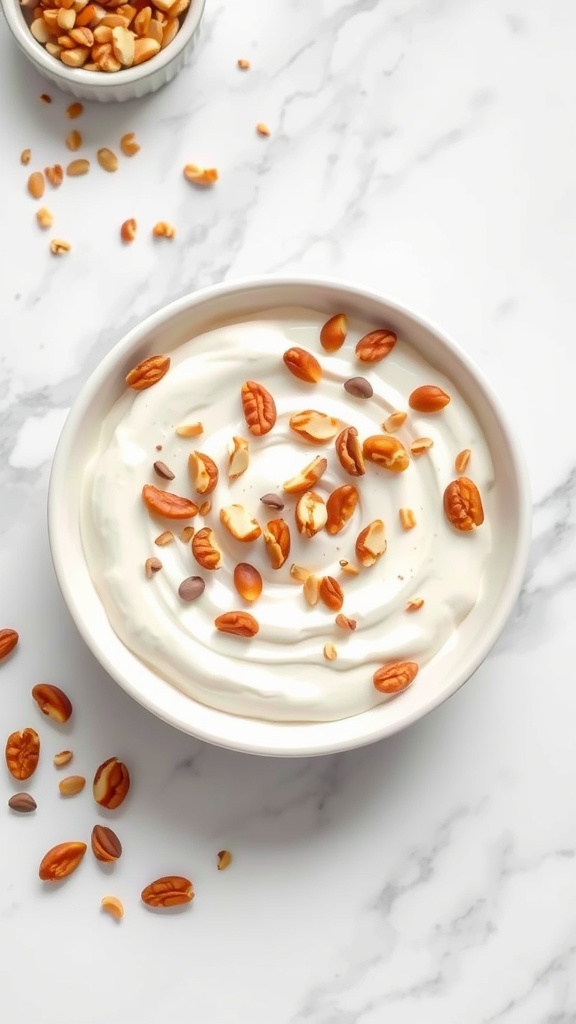 A bowl of Greek yogurt topped with various nuts and seeds.