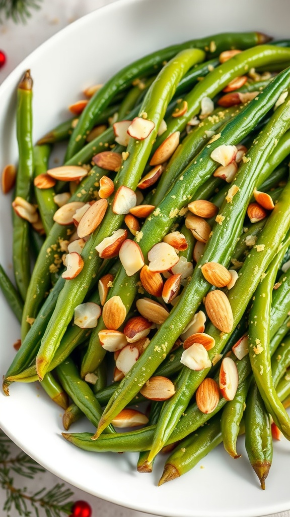A serving of green beans topped with sliced almonds in a white bowl.