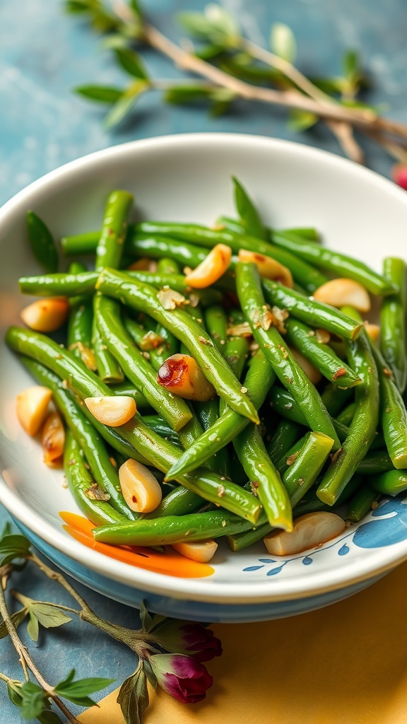 A bowl of sautéed green beans with garlic, garnished elegantly.