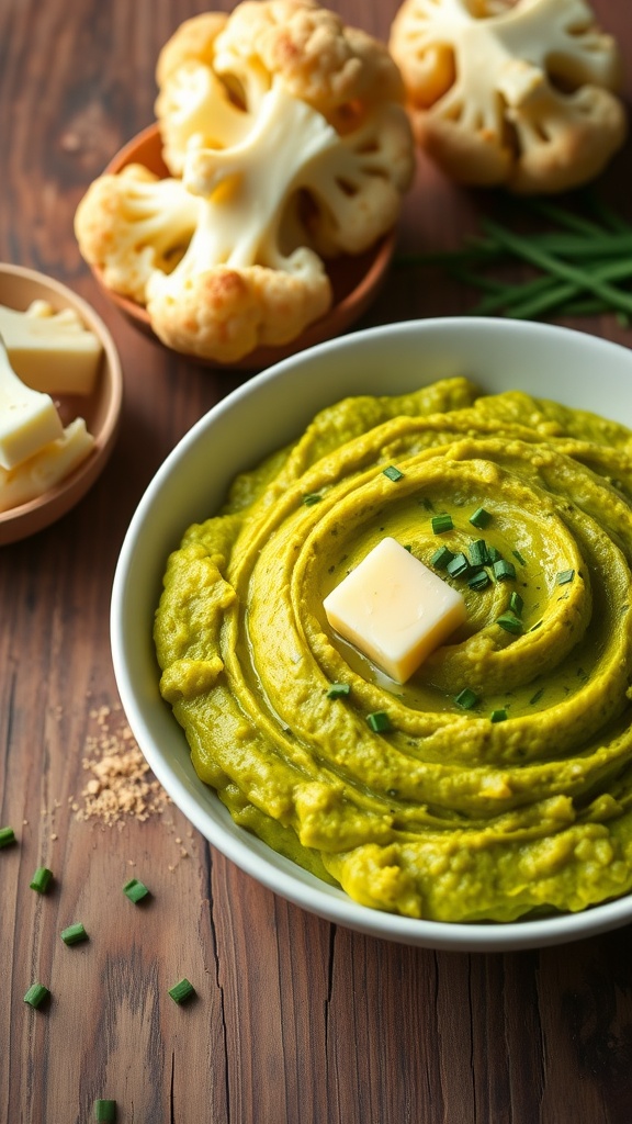 A bowl of green cauliflower mash topped with butter and chives, with fresh cauliflower florets nearby.