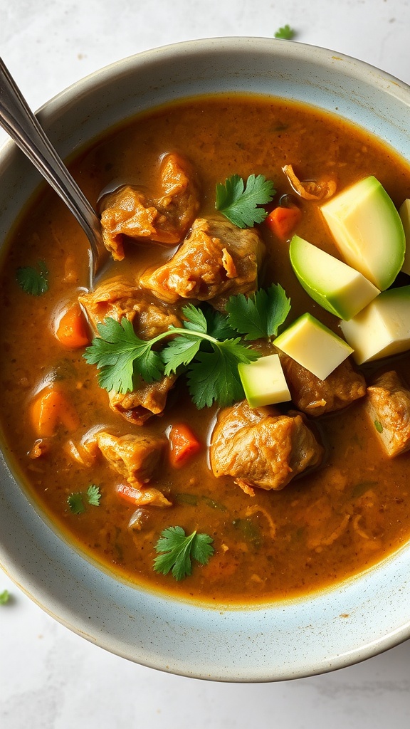 A bowl of green chili pork soup with pieces of meat, cilantro, and diced apple on the side.