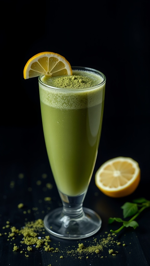 A refreshing green matcha detox smoothie in a glass, garnished with a lemon slice.