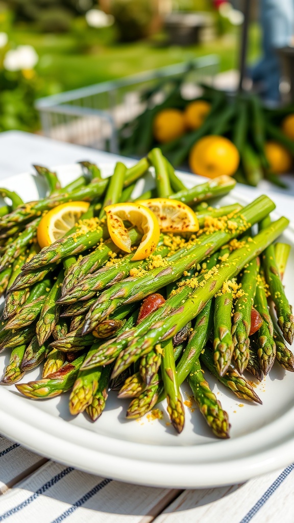 A platter of grilled asparagus topped with lemon slices and zest.