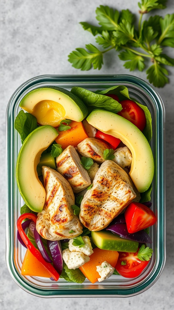 A vibrant salad with grilled chicken, avocado, cherry tomatoes, and colorful vegetables in a glass meal prep container.