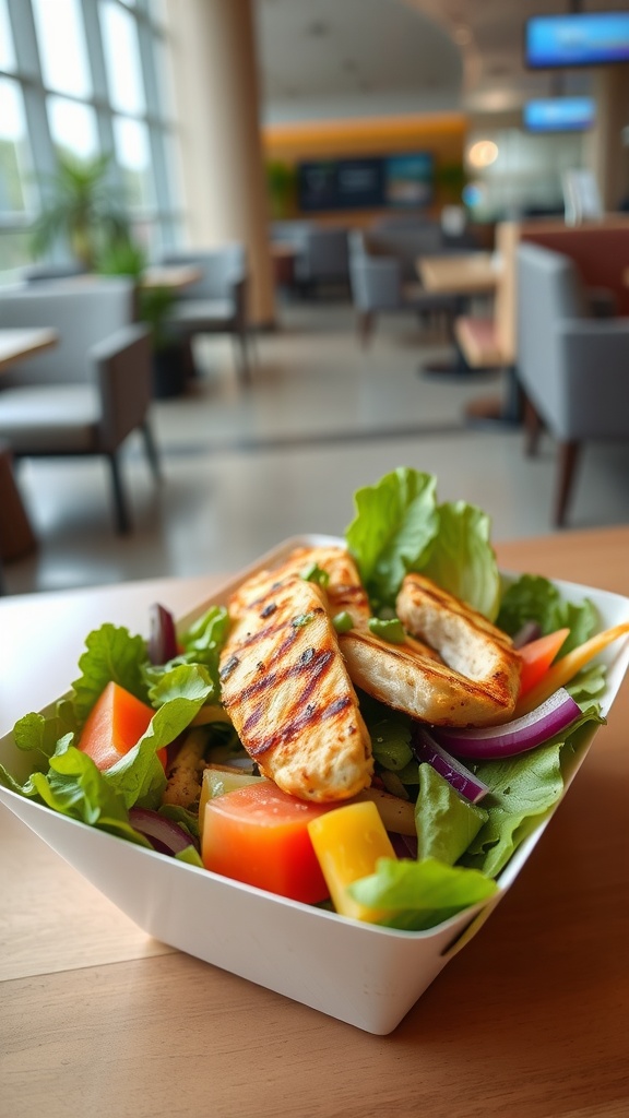 A grilled chicken salad served in a takeout container with greens, peppers, and sliced chicken.