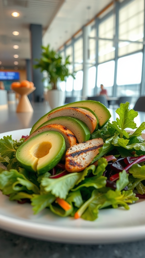 A fresh grilled chicken salad topped with avocado slices, set against an airport backdrop.