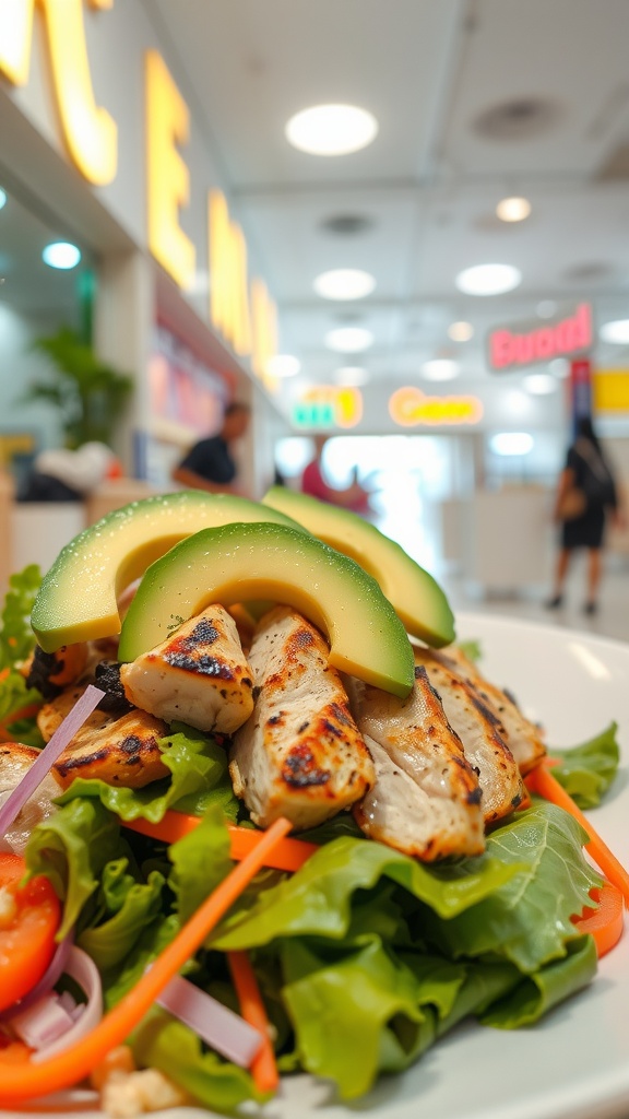 A delicious grilled chicken salad topped with avocado slices, served on a white plate.