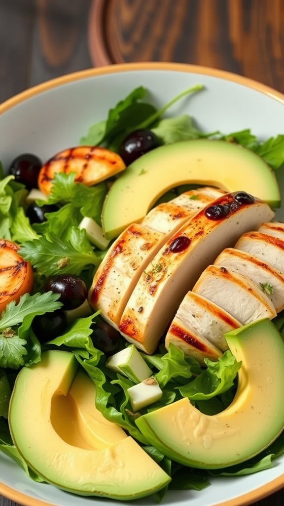 A colorful salad featuring grilled chicken slices, avocado, and greens.