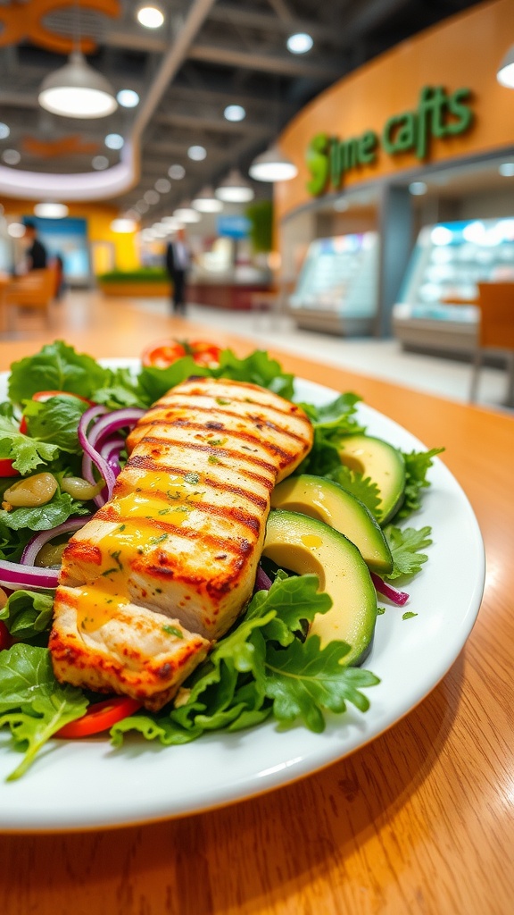 Grilled chicken salad with avocado, lettuce, and vegetables on a plate in a mall food court.